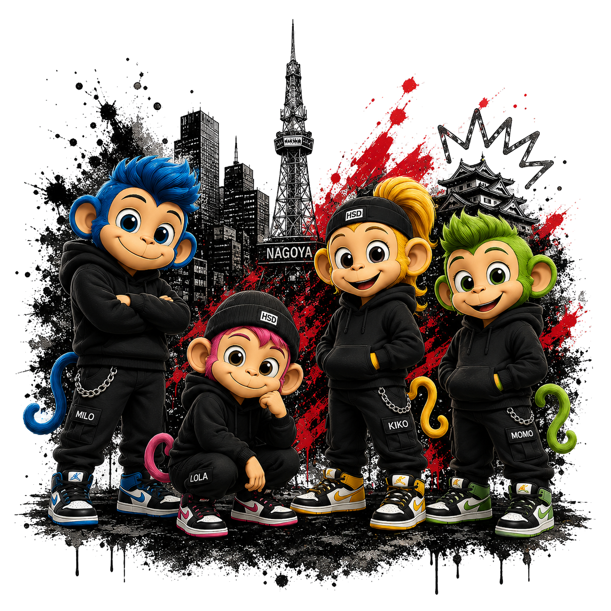 The Hear See Do monkey crew and Nagoya tower
