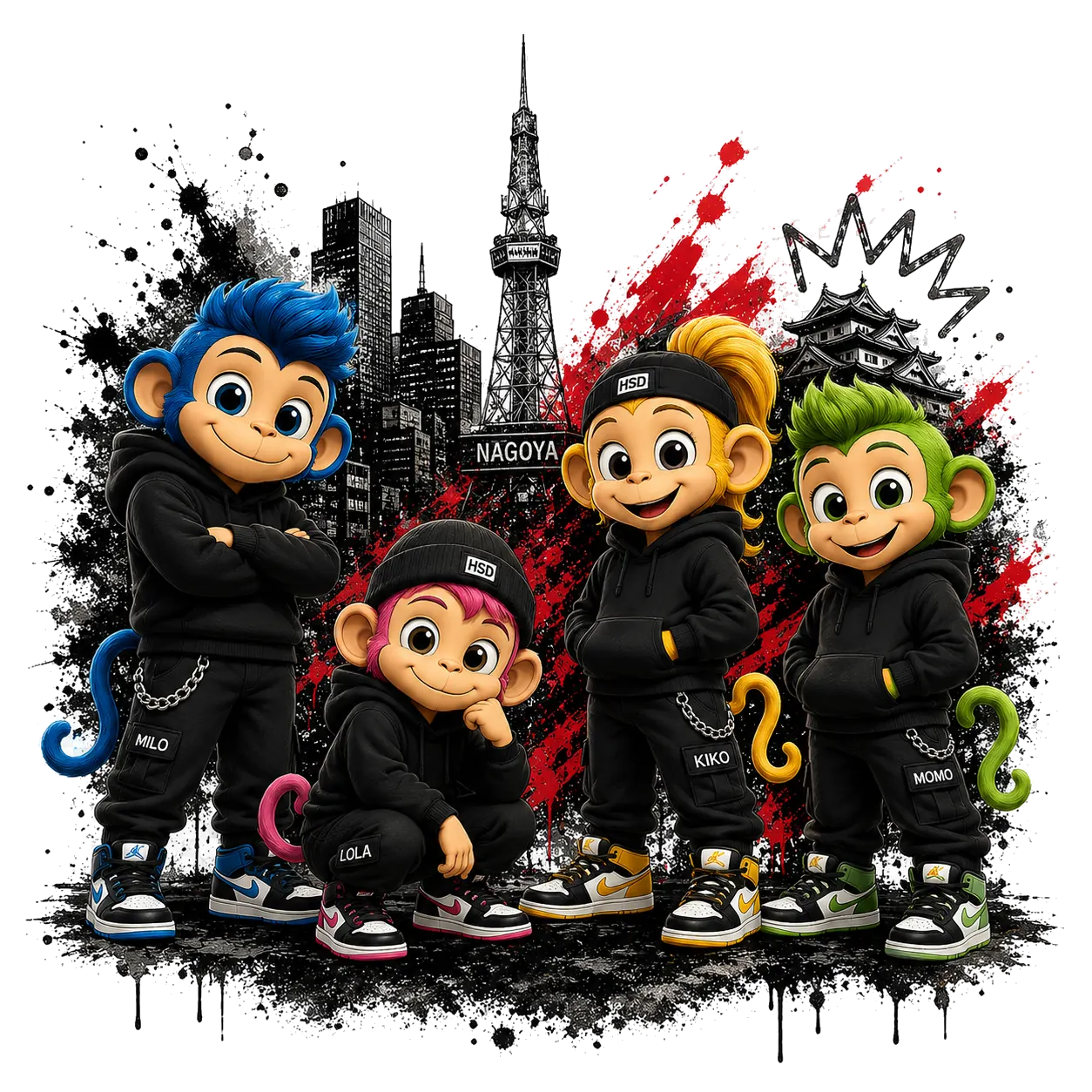 The Hear See Do monkey crew and Nagoya tower